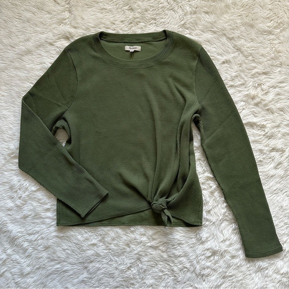 Madewell Top Elwood Knot Front Long Sleeve Jacquard Palm Tree Green XXL NWOT - Picture 4 of 13